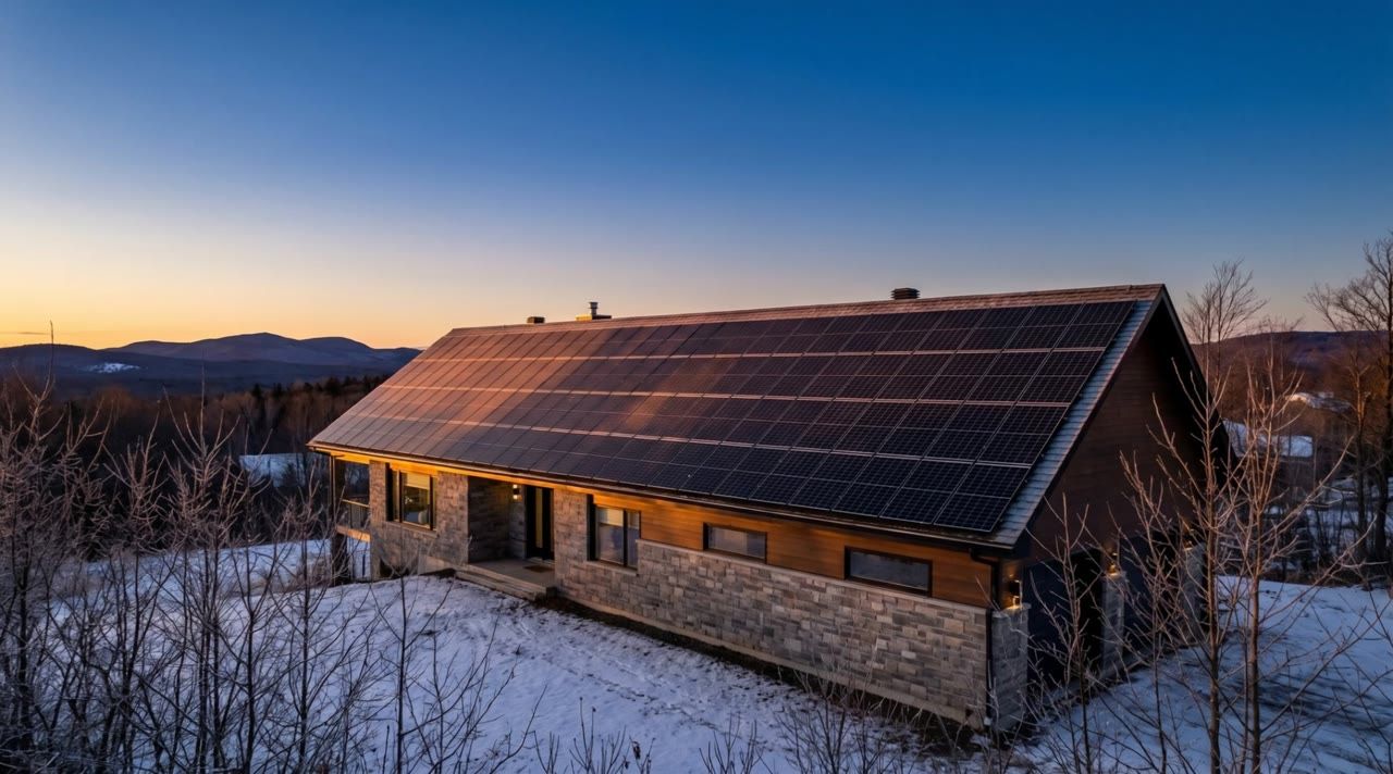 Maison dont le toit est couvert de panneaux solaires noirs, au crépuscule en hiver