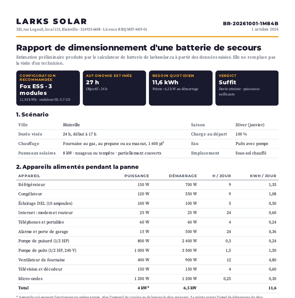 Première page d'un rapport de dimensionnement de batterie produit par le calculateur Larks Solar