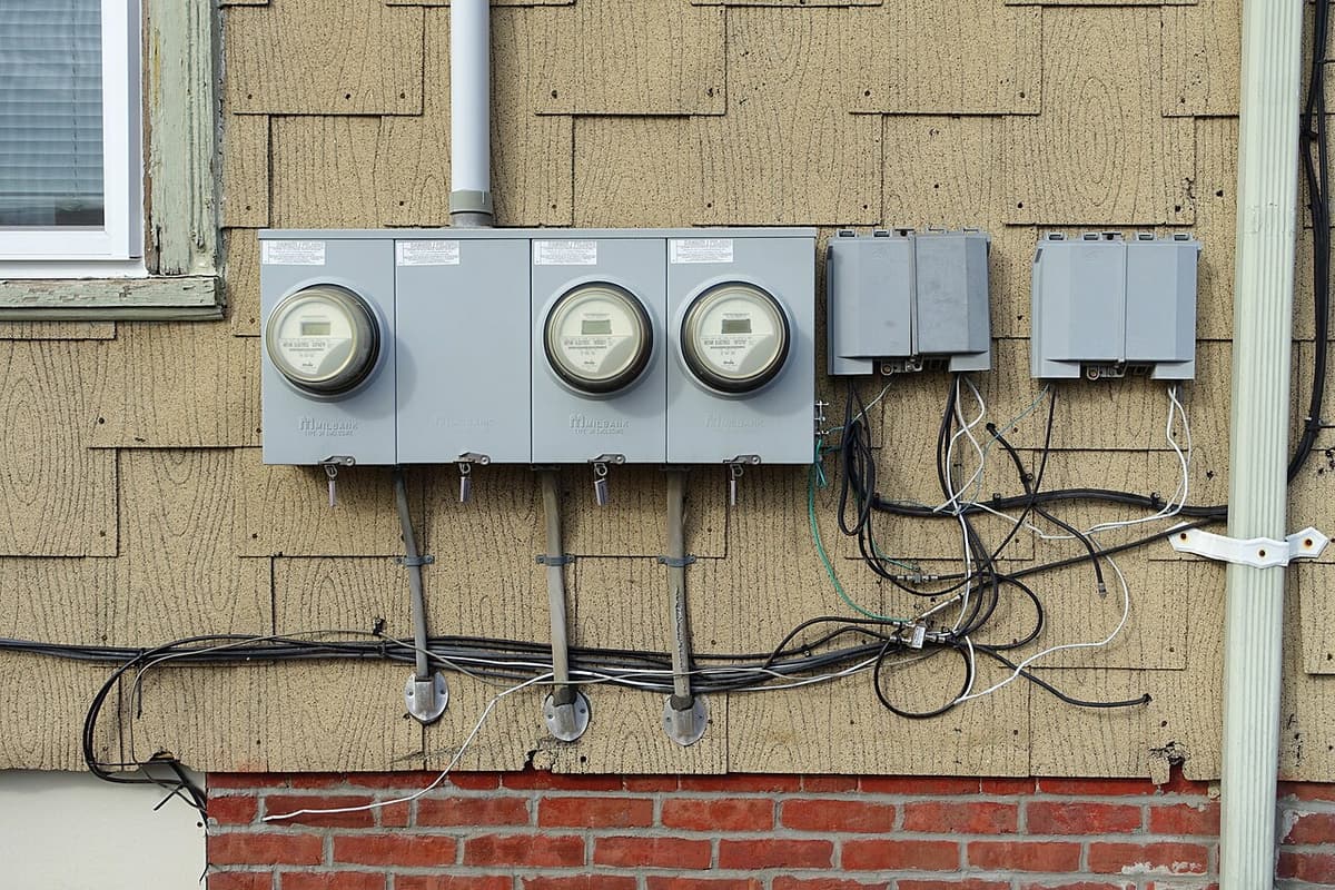 Compteurs électriques et boîtiers fixés sur le mur extérieur d'une maison
