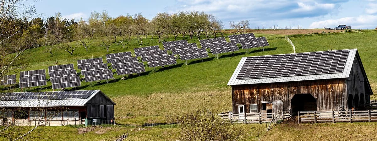 Grange avec panneaux sur le toit et panneaux au sol dans un champ