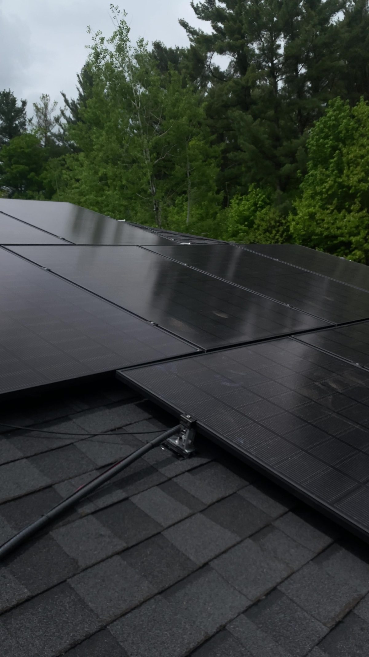 Panneaux solaires noirs posés au ras d'un toit en bardeaux à Saint-Colomban, conifères en arrière-plan