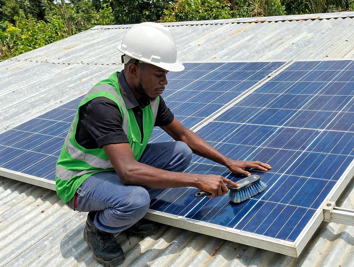 Technicien qui nettoie des panneaux solaires sur un toit