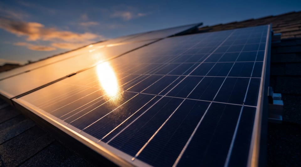 Panneaux solaires noirs au coucher du soleil